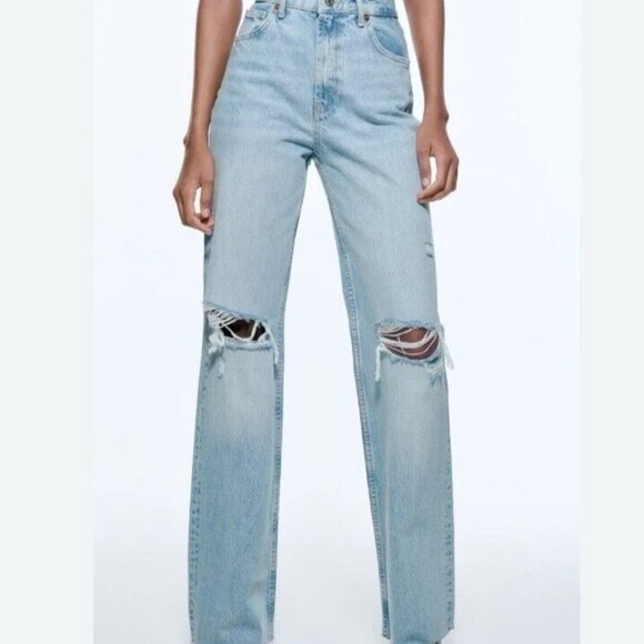 Zara Denim - Zara High-Waist Ripped Wide Leg Mom Fit Jeans – Size EUR 34